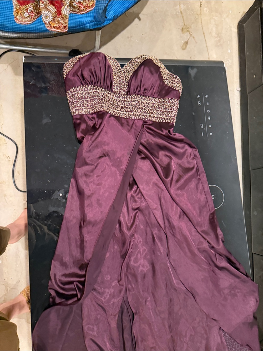 Strapless Beaded Bodice Evening Dress in Deep Plum